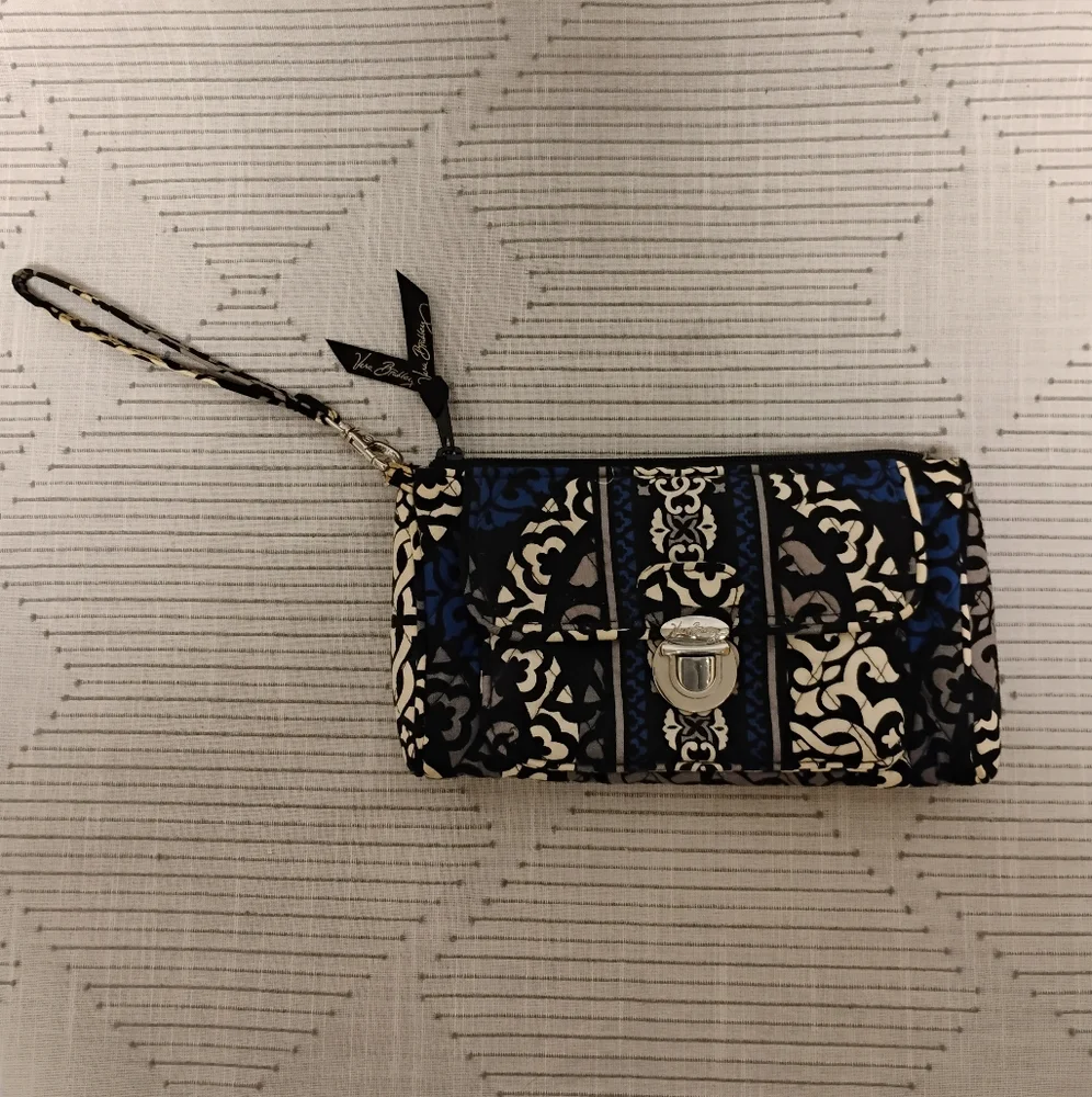 Vera Bradley Black and Blue Patterned Wristlet Removable Strap Two Main Pockets